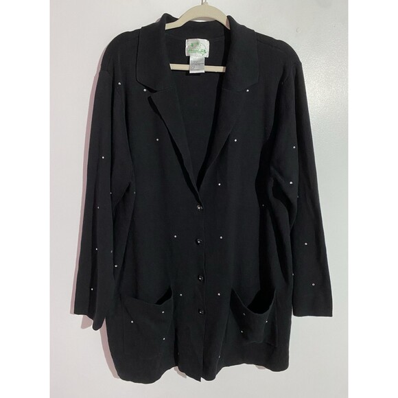 Quacker Factory Cardigan 2X Black Rhinestone Stretch Button Pockets Elegant - Picture 1 of 11